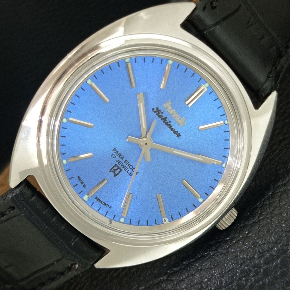 Vintage 1982 HMT Manual Wound Mens Silver Watch & Blue accents